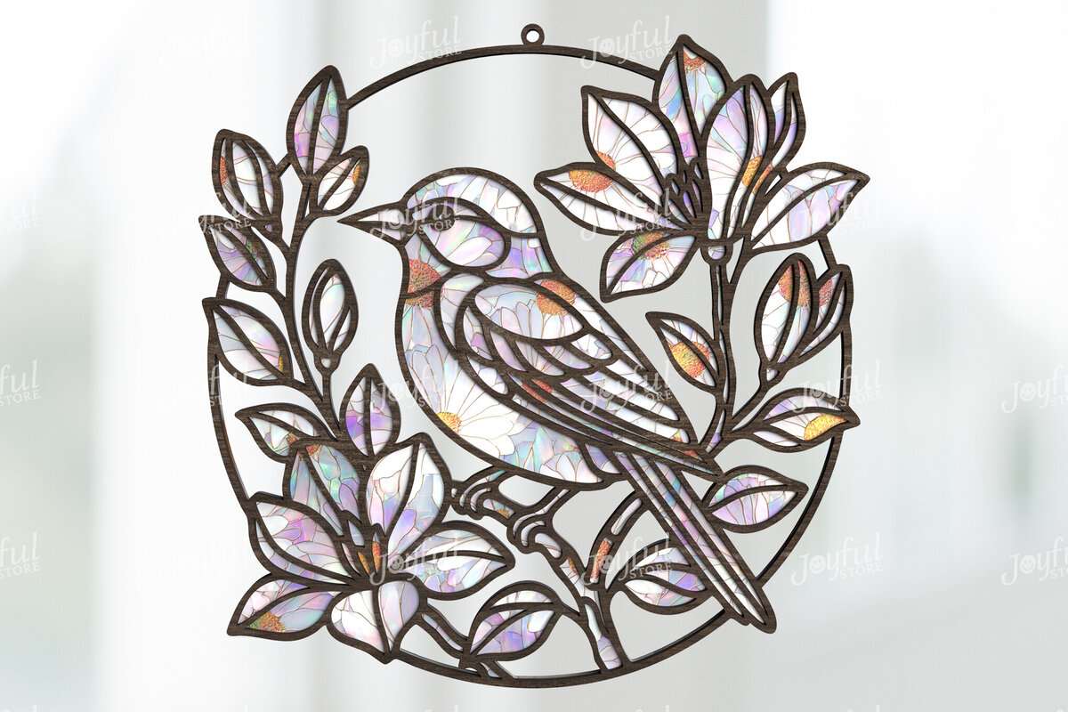 Intra απο ξύλο plywood 3mm-4mm πάχος Bird &amp; Flowers Suncatcher Δίασταση 30x20 cm INTRAFABR-124400841