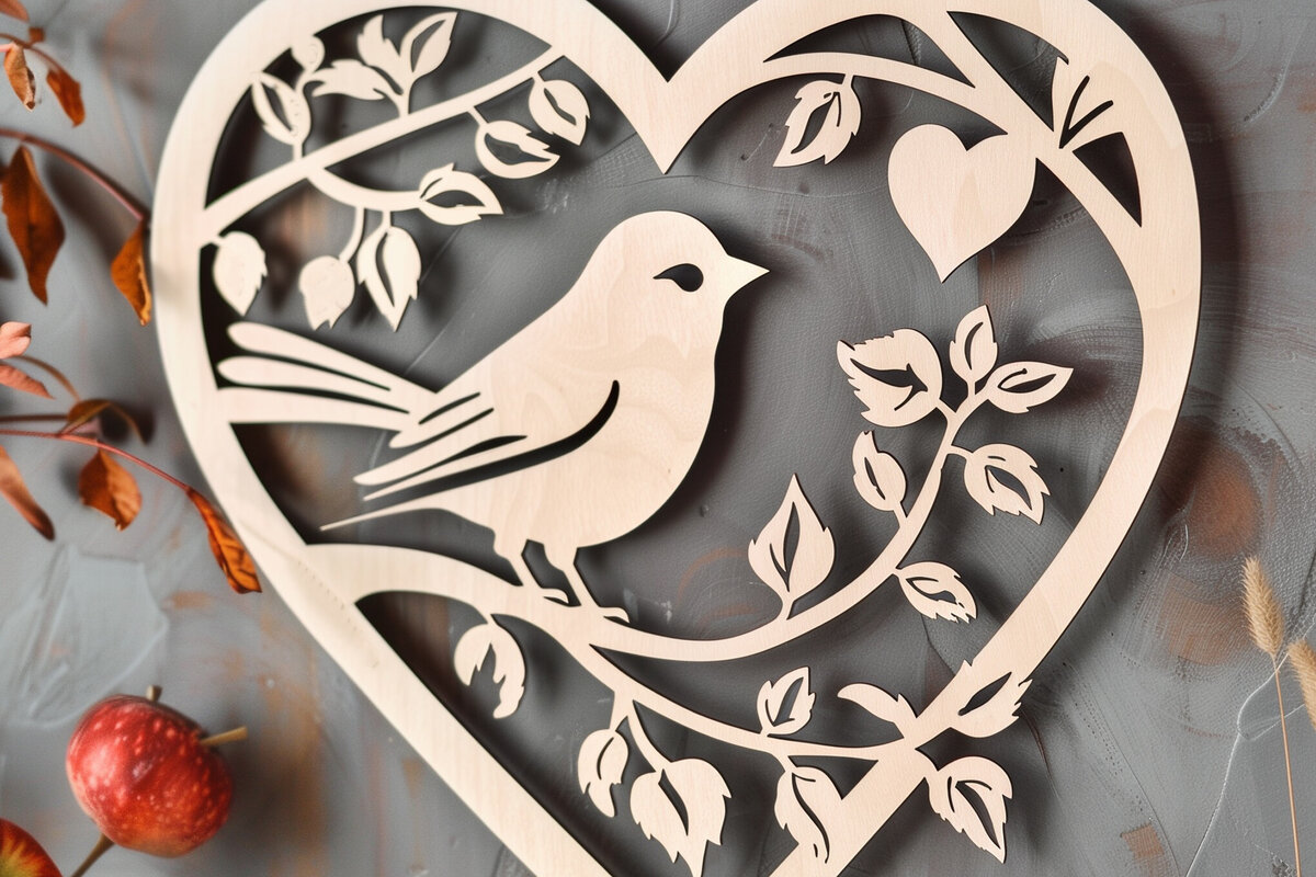 Σετ των 3 Intra απο ξύλο plywood 3mm-4mm πάχος Bird in Heart Decor τοίχου με λέιζερ Δίασταση 4x4 cm INTRAFABR-99035275