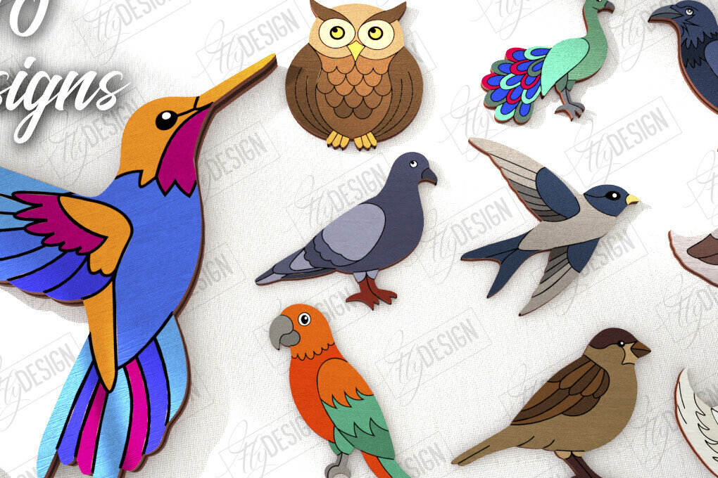 Σετ των 2 Intra απο ξύλο plywood 3mm-4mm πάχος Πουλιά Καρφίτσα | Αξεσουάρ | CNC Δίασταση 15x15 cm INTRAFABR-110748501