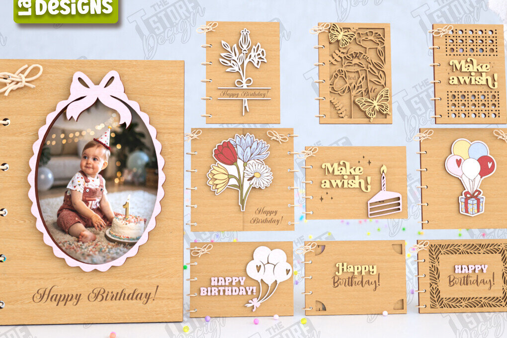 Σετ των 2 Intra απο ξύλο plywood 3mm-4mm πάχος Κάρτες γενεθλίων κοπής με λέιζερ | CNC Δίασταση 20x30 cm INTRAFABR-123672977