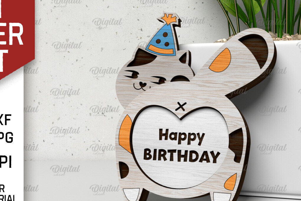 Σετ των 2 Intra απο ξύλο plywood 3mm-4mm πάχος Γενέθλια Cute Cat Design Δίασταση 15x15 cm INTRAFABR-105054423