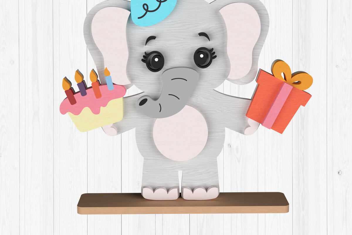 Intra απο ξύλο plywood 3mm-4mm πάχος Τούρτα γενεθλίων και δώρο ελέφαντα Δίασταση 30x20 cm INTRAFABR-111001545