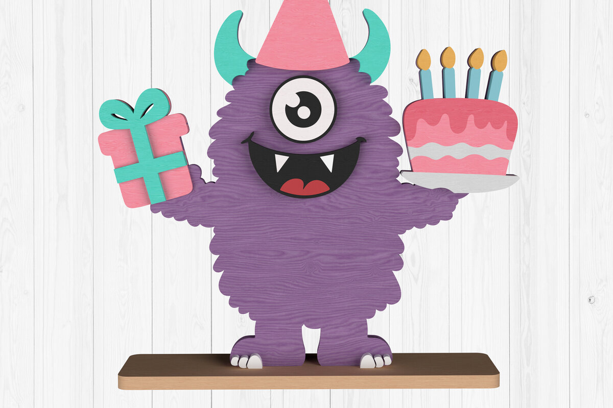 Intra απο ξύλο plywood 3mm-4mm πάχος Birthday Monster Cake &amp; Gift Δίασταση 15x15 cm INTRAFABR-111001660