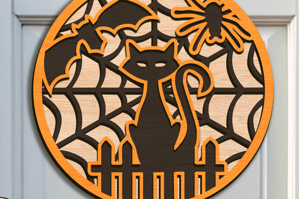 Σετ των 2 Intra απο ξύλο plywood 3mm-4mm πάχος Μαύρη γάτα κρεμάστρα πόρτας αποκριών Δίασταση 15x15 cm INTRAFABR-103650458