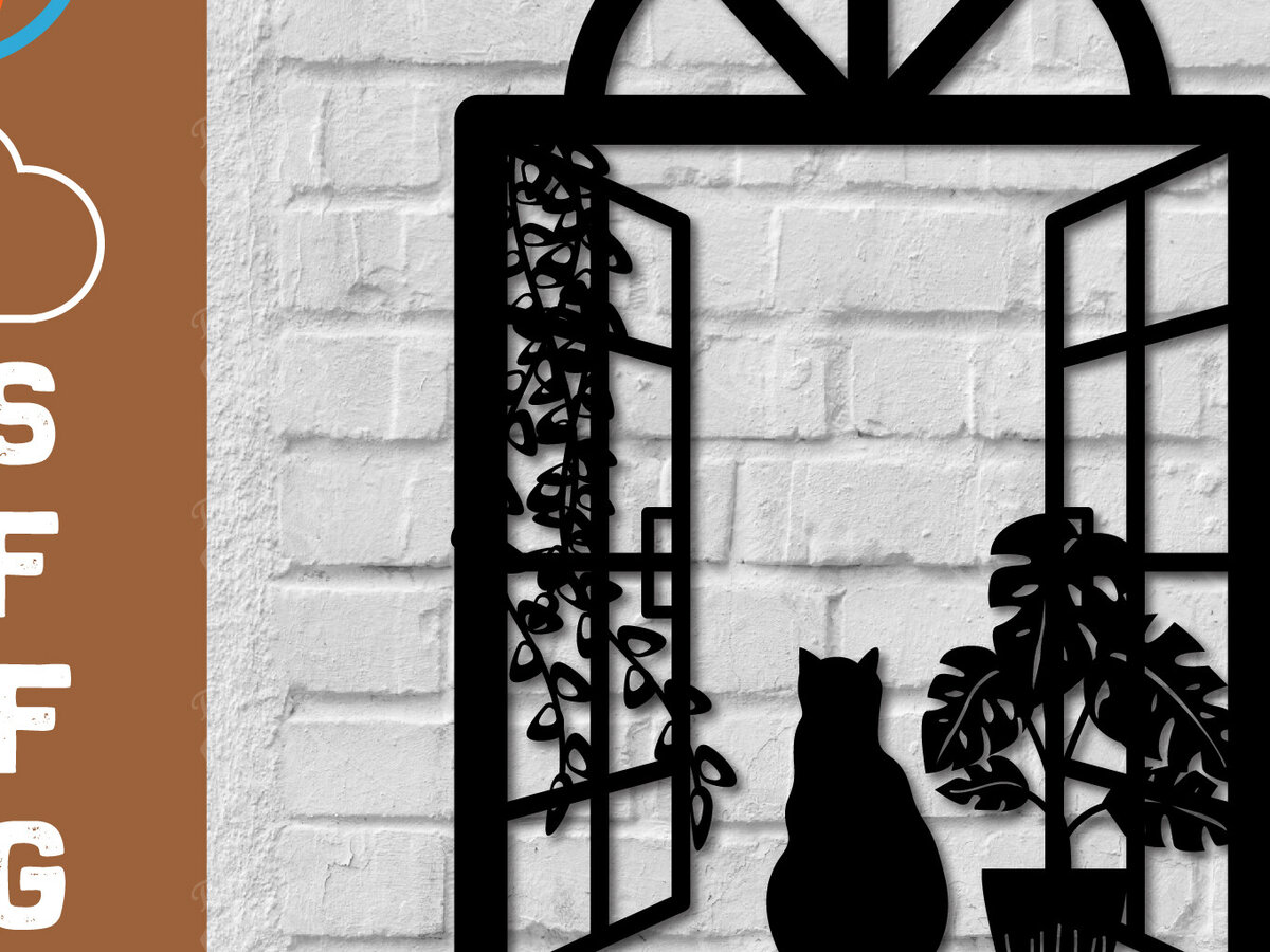Intra απο ξύλο plywood 3mm-4mm πάχος Τυπωμένη διακόσμηση τοίχου Μαύρη γάτα σε παράθυρο Δίασταση 40x40 cm INTRAFABR-112922923