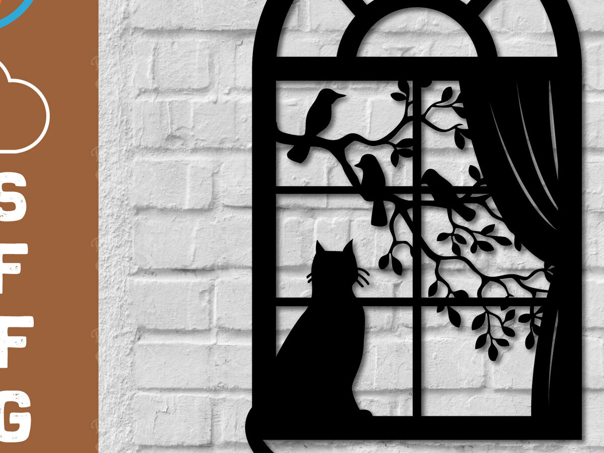 Intra απο ξύλο plywood 3mm-4mm πάχος Τυπωμένη διακόσμηση τοίχου Μαύρη γάτα σε παράθυρο Δίασταση 40x40 cm INTRAFABR-112923791