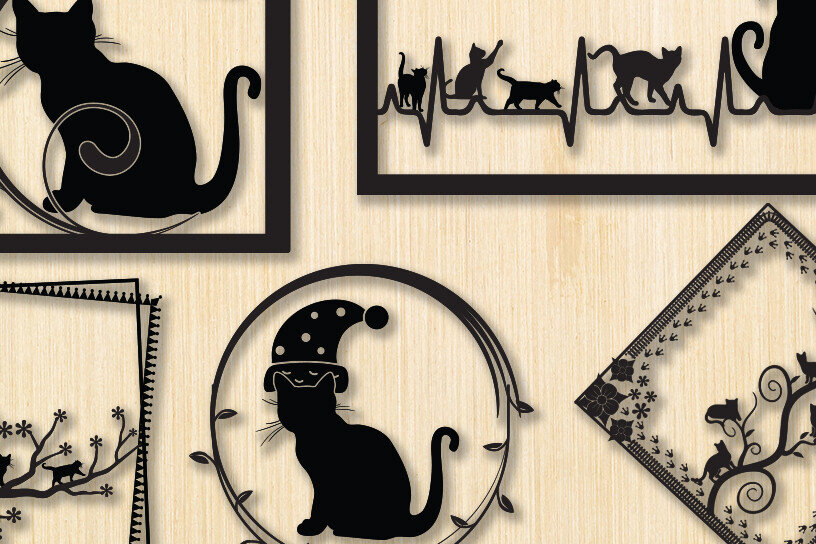 Σετ των 2 Intra απο ξύλο plywood 3mm-4mm πάχος Μαύρη γάτα στον τοίχο ντεκόρ γραφικό Δίασταση 15x18 cm INTRAFABR-91132401
