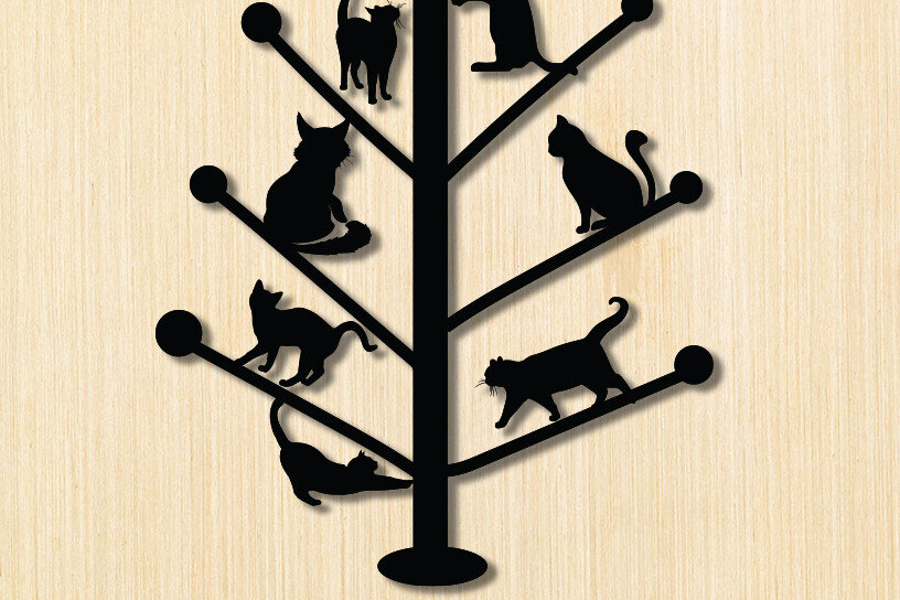 Σετ των 2 Intra απο ξύλο plywood 3mm-4mm πάχος Μαύρη γάτα στον τοίχο ντεκόρ γραφικό Δίασταση 15x18 cm INTRAFABR-91231304