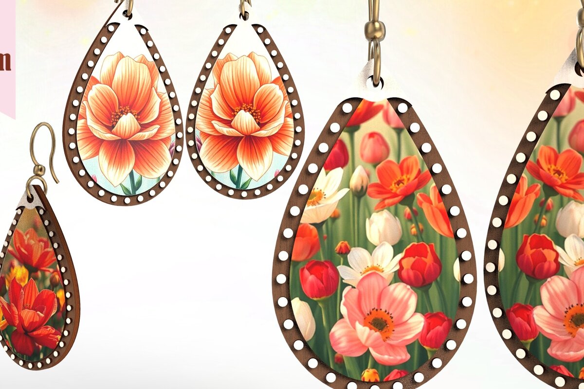 Σετ των 3 Intra απο ξύλο plywood 3mm-4mm πάχος Σκουλαρίκια Boho Floral Drop Cut  Δίασταση 1x2 cm INTRAFABR-123290310