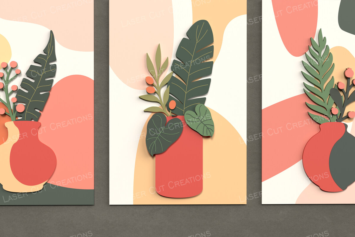 Intra απο ξύλο plywood 3mm-4mm πάχος Boho Vase &amp; Leaves Wall Art Δίασταση 40x40 cm INTRAFABR-125219667