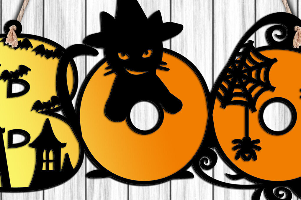 Σετ των 3 Intra απο ξύλο plywood 3mm-4mm πάχος Κρεμάστρα πινακίδων για αποκριάτικες διακοσμήσεις Boo Cat Δίασταση 9x9 cm INTRAFABR-103580938