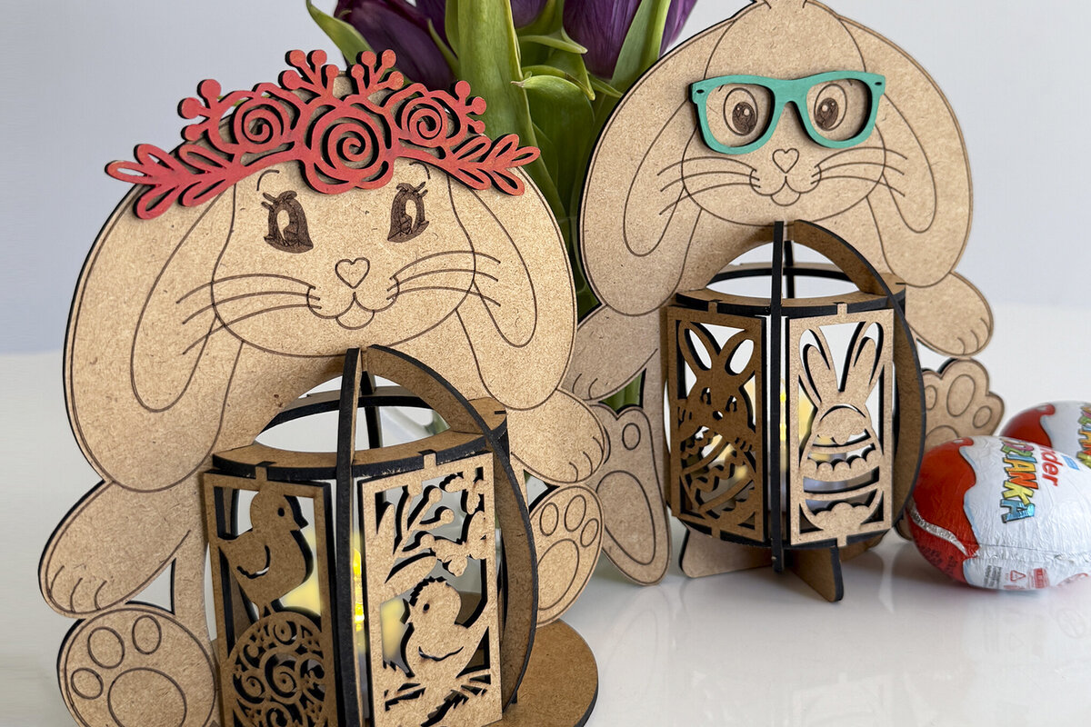 Σετ των 2 Intra απο ξύλο plywood 3mm-4mm πάχος Κηροπήγια Πασχαλινό Λαγουδάκι για αγόρι & κορίτσι Δίασταση 15x15 cm INTRAFABR-119000745