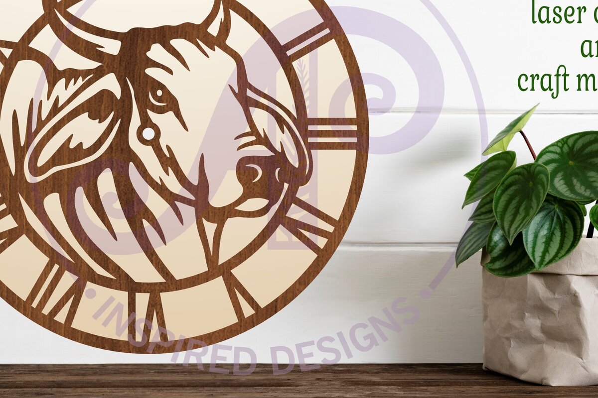 Σετ των 3 Intra απο ξύλο plywood 3mm-4mm πάχος κοπής με λέιζερ ρολόι τοίχου Brahma Bull Δίασταση 8x8 cm INTRAFABR-95380350