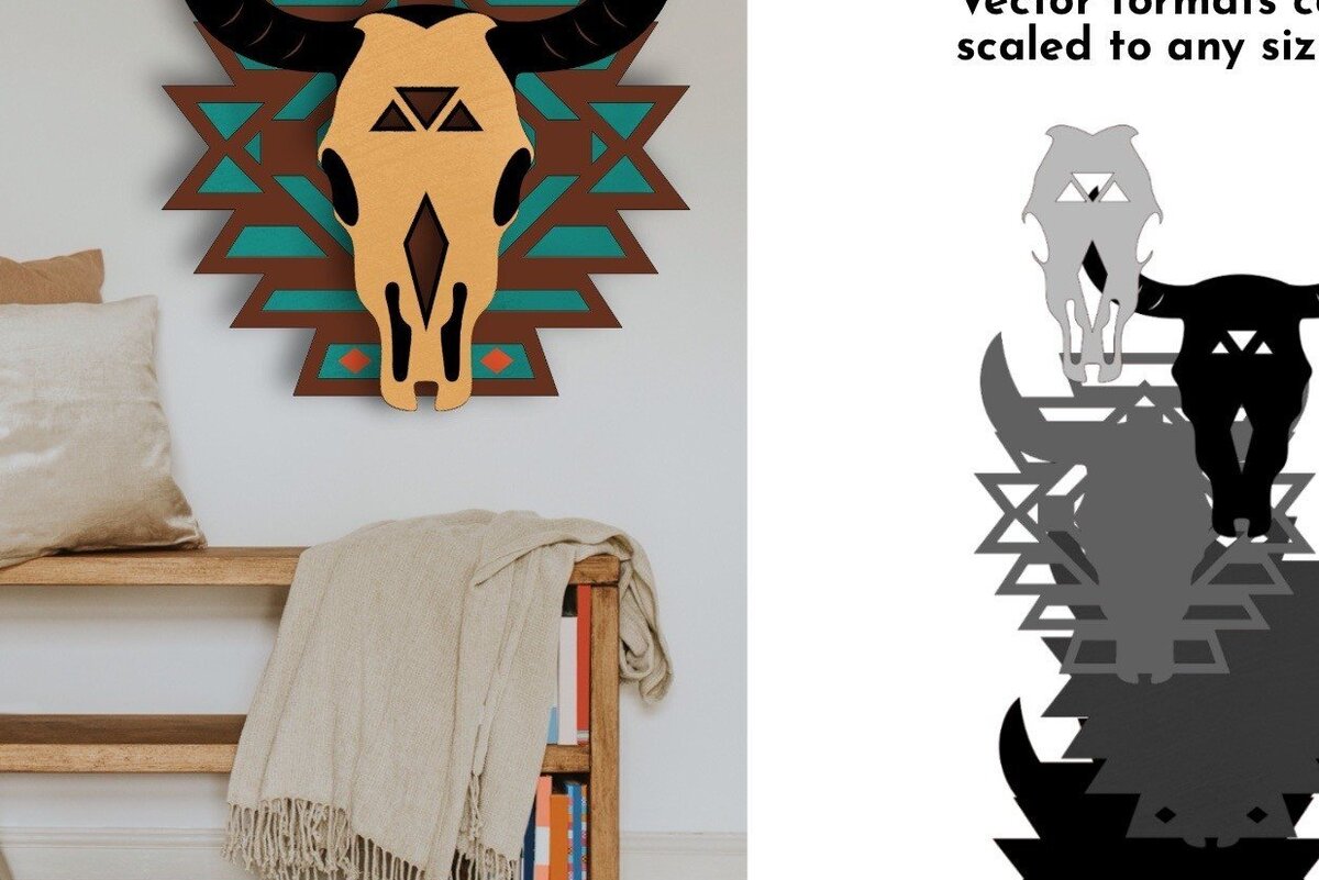 Σετ των 2 Intra απο ξύλο plywood 3mm-4mm πάχος Bull Skull Layered , ιθαγενής Αμερικανός Δίασταση 15x15 cm INTRAFABR-35450240