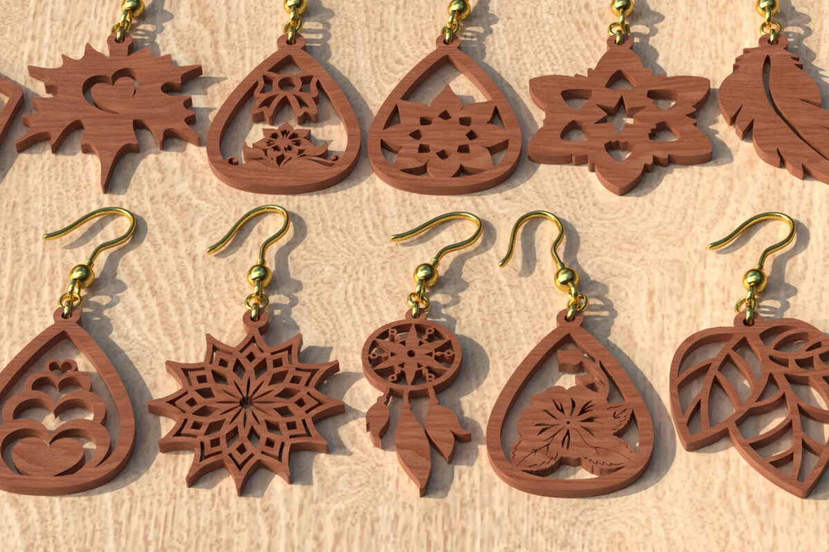 Σετ των 3 Intra απο ξύλο plywood 3mm-4mm πάχος Σκουλαρίκι 12 Styles Glowforge Δίασταση 3x3 cm INTRAFABR-119064778