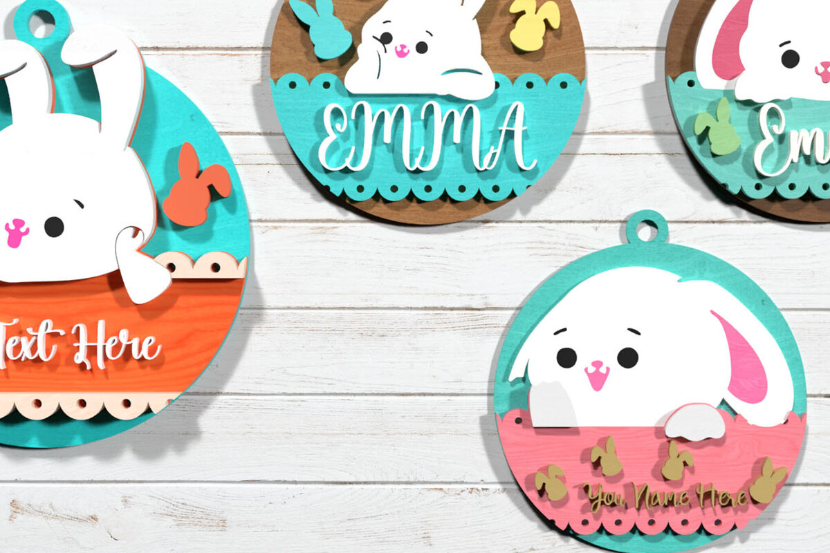 Σετ των 3 Intra απο ξύλο plywood 3mm-4mm πάχος Δέσμη εξατομικευμένες Πασχαλινές πινακίδες λαγουδάκι Δίασταση 8x8 cm INTRAFABR-116589441