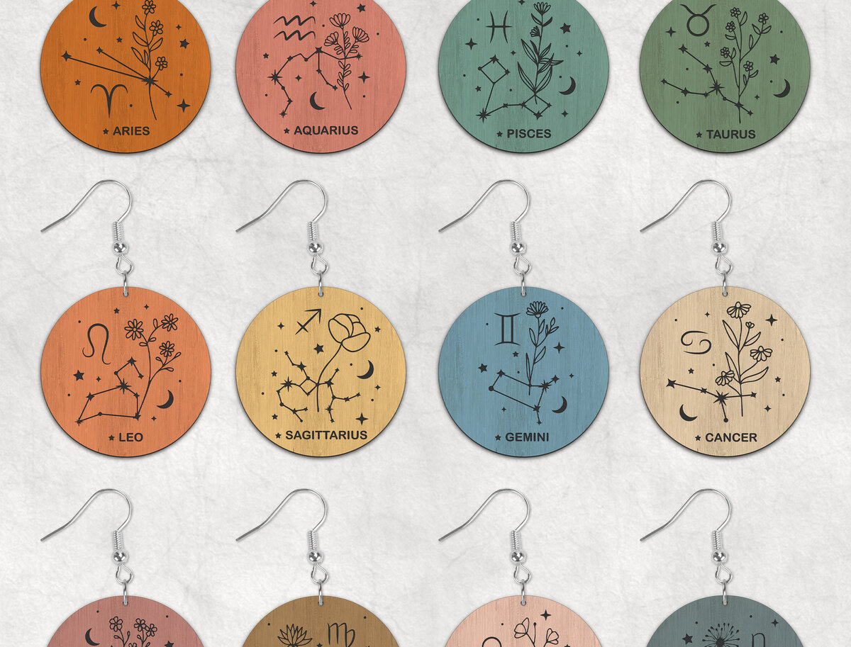 Σετ των 3 Intra απο ξύλο plywood 3mm-4mm πάχος Zodiac Boho σκουλαρίκια Δίασταση 2x2 cm INTRAFABR-28451216
