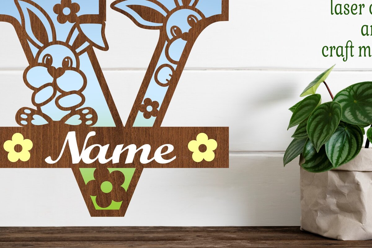 Intra απο ξύλο plywood 3mm-4mm πάχος Κουνελάκι κεφαλαίο μονόγραμμα Γράμμα V Δίασταση 30x20 cm INTRAFABR-72792167