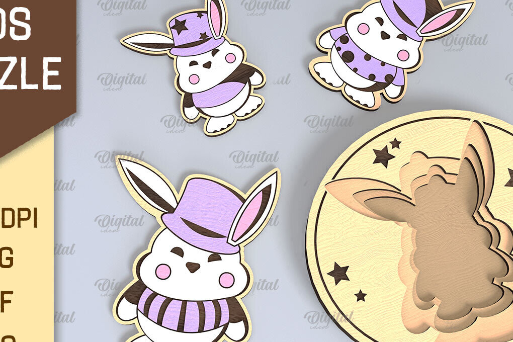 Σετ των 2 Intra απο ξύλο plywood 3mm-4mm πάχος Bunny Family Puzzle Σχέδιο κοπής με λέιζερ Δίασταση 15x15 cm INTRAFABR-108371710