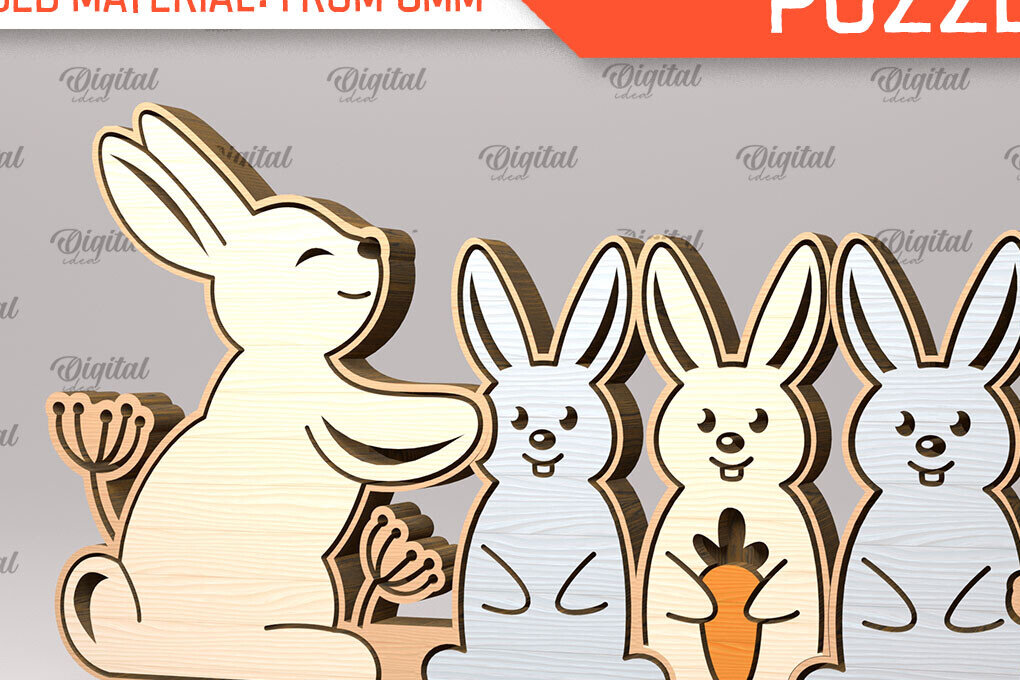 Σετ των 3 Intra απο ξύλο plywood 3mm-4mm πάχος Bunny Family Puzzle Δίασταση 6x6 cm INTRAFABR-99619229
