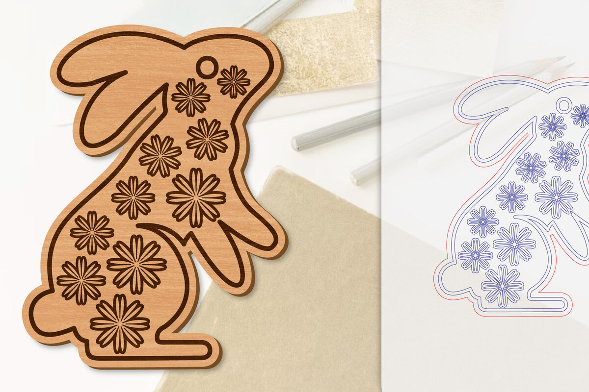 Σετ των 2 Intra απο ξύλο plywood 3mm-4mm πάχος Λουλούδι λαγουδάκι με λέιζερ Δίασταση 15x15 cm INTRAFABR-118075775