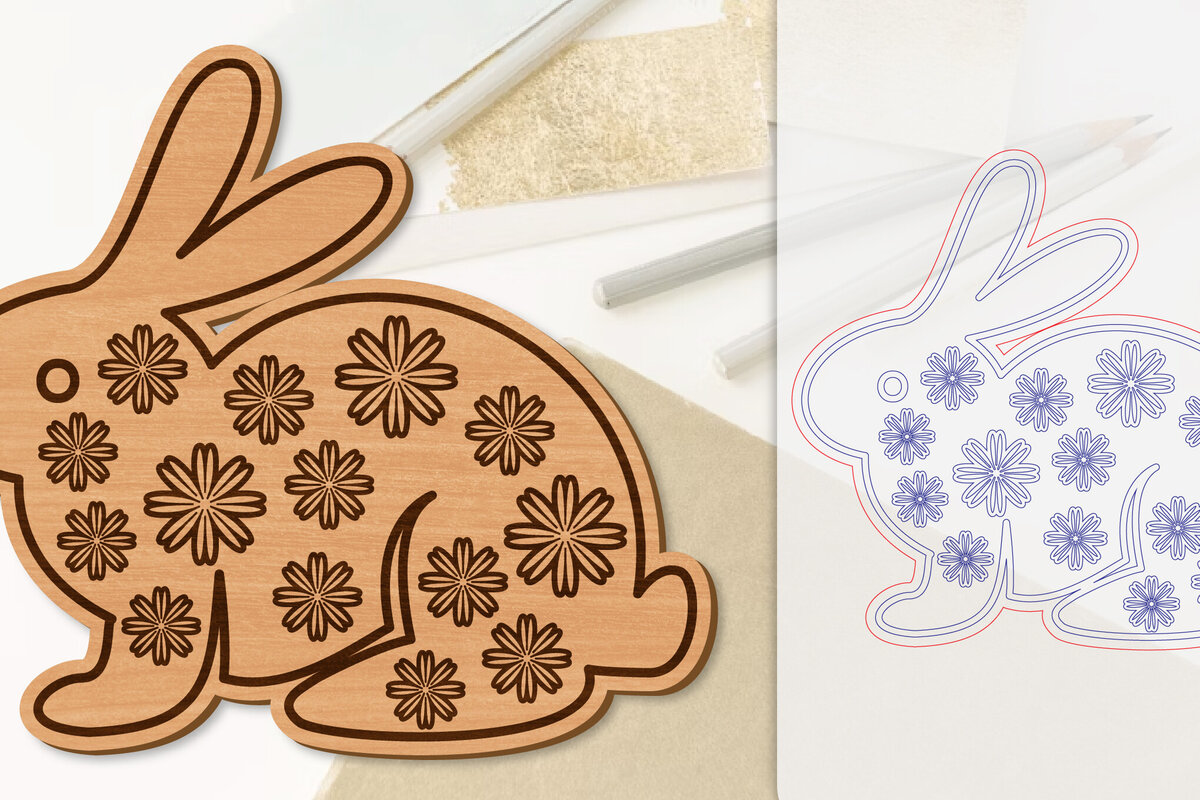 Σετ των 2 Intra απο ξύλο plywood 3mm-4mm πάχος Λουλούδι λαγουδάκι με λέιζερ Δίασταση 15x15 cm INTRAFABR-118075777