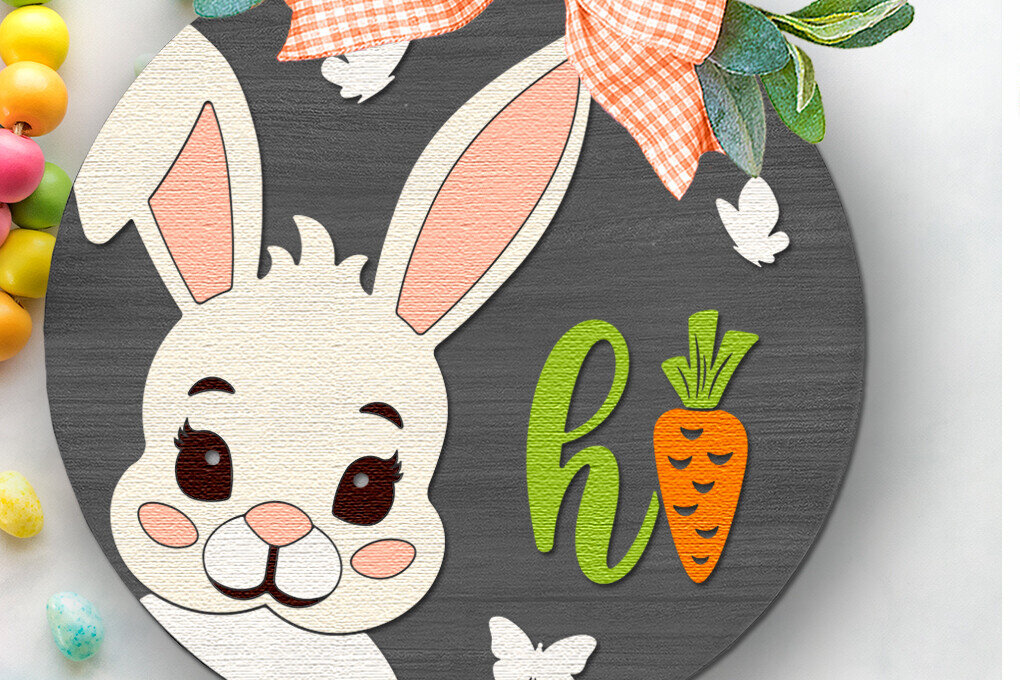 Σετ των 2 Intra απο ξύλο plywood 3mm-4mm πάχος Bunny Hi , Πασχαλινή πινακίδα πόρτας κουνελιού Δίασταση 15x15 cm INTRAFABR-116925105