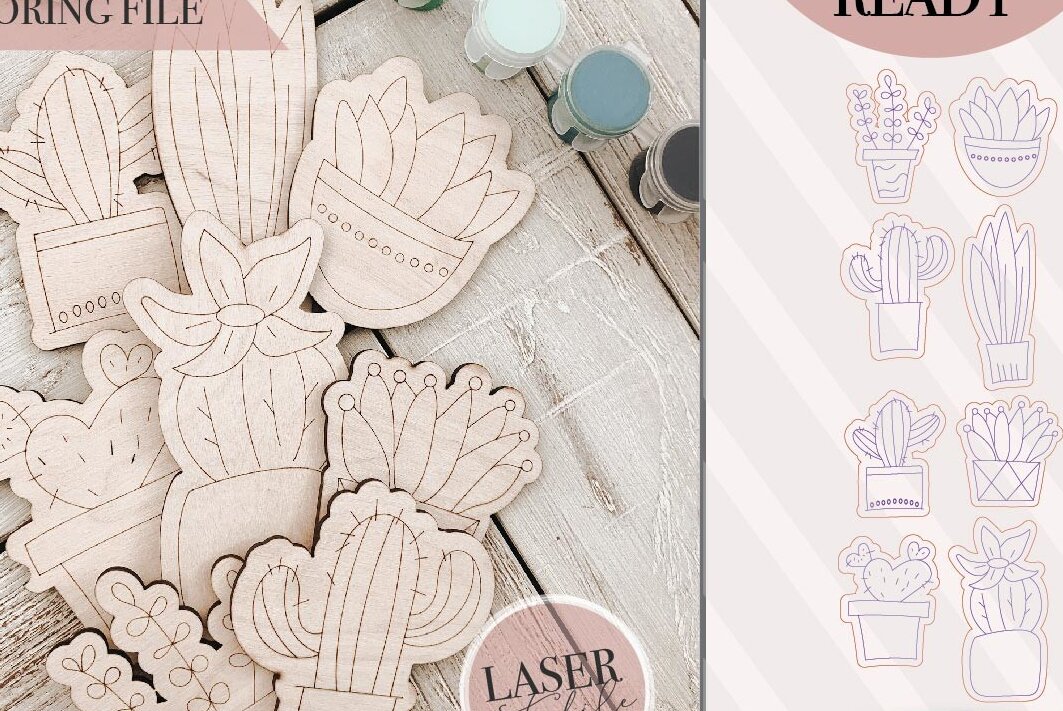 Σετ των 3 Intra απο ξύλο plywood 3mm-4mm πάχος Cactus DiY Craft Kit Δίασταση 6x6 cm INTRAFABR-75548346