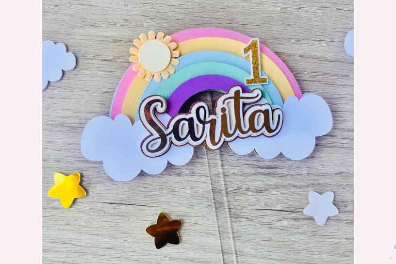 Σετ των 2 Intra απο ξύλο plywood 3mm-4mm πάχος Cake Topper Arcoiris Rainbow Caketopper (Ισπανικά) Δίασταση 15x15 cm INTRAFABR-91583841