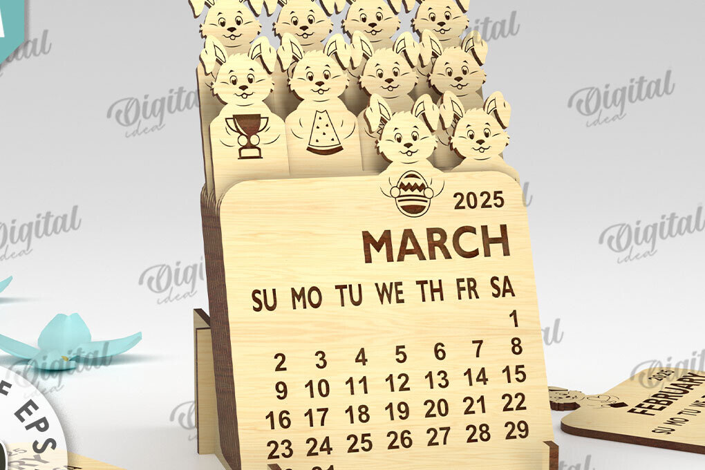 Σετ των 2 Intra απο ξύλο plywood 3mm-4mm πάχος Ημερολόγιο 2025 με το λαγουδάκι με λέιζερ Δίασταση 15x15 cm INTRAFABR-110847644