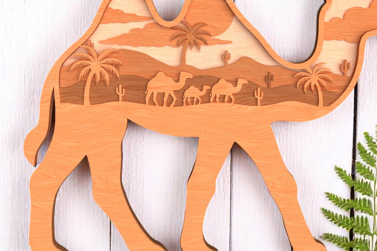 Intra απο ξύλο plywood 3mm-4mm πάχος Σκηνή ερήμου με στρώματα καμήλας Δίασταση 30x20 cm INTRAFABR-121364291