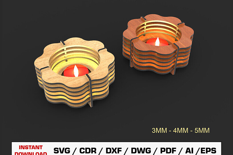 Σετ των 2 Intra απο ξύλο plywood 3mm-4mm πάχος Κηροπήγιο κοπής με λέιζερ Δίασταση 15x15 cm INTRAFABR-105152514