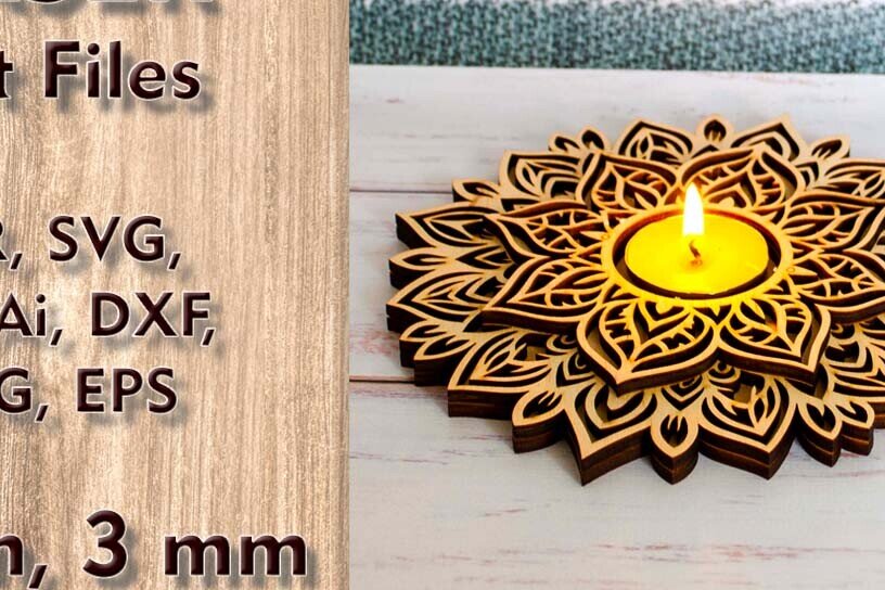 Σετ των 3 Intra απο ξύλο plywood 3mm-4mm πάχος Κηροπήγιο κοπής με λέιζερ Mandala Δίασταση 6x6 cm INTRAFABR-112114166