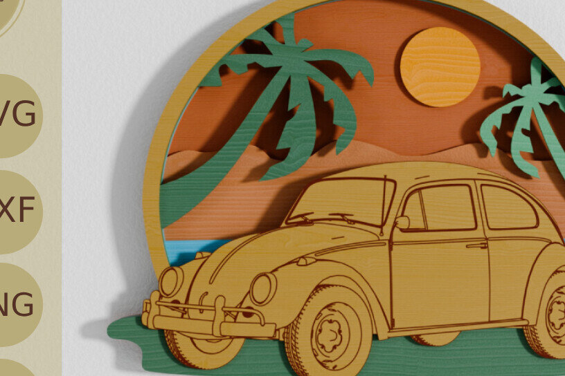 Intra απο ξύλο plywood 3mm-4mm πάχος Αυτοκίνητο στην παραλία Σκηνή περι Δίασταση 40x40 cm INTRAFABR-106755993