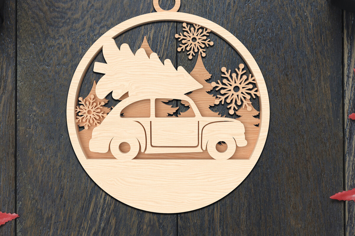 Σετ των 3 Intra απο ξύλο plywood 3mm-4mm πάχος Χριστουγεννιάτικο στολίδι κοπής με λέιζερ αυτοκινήτου & δέντρου Δίασταση 8x8 cm INTRAFABR-106791101
