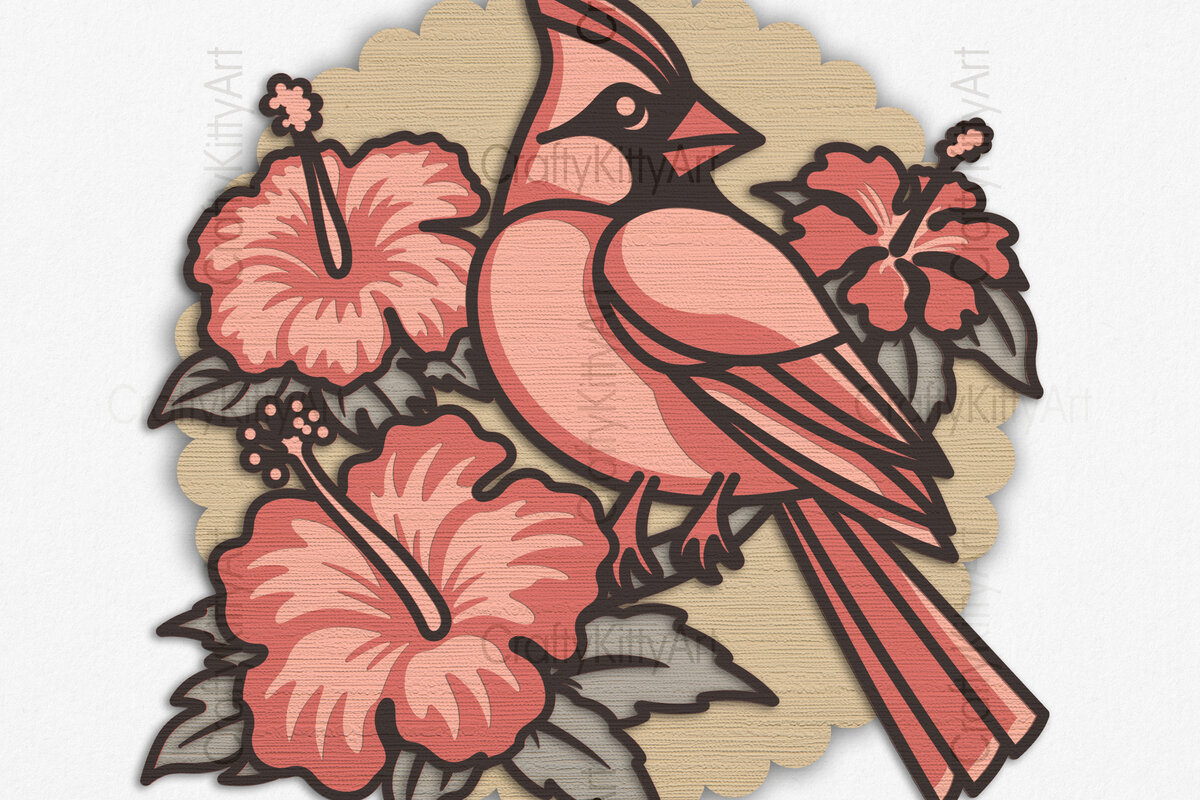 Σετ των 3 Intra απο ξύλο plywood 3mm-4mm πάχος 3D Layer Cardinal & Hibiscus Δίασταση 7x7 cm INTRAFABR-93430024