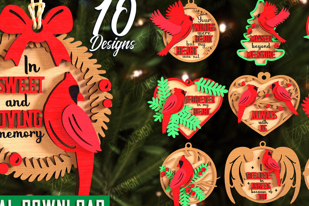 Σετ των 3 Intra απο ξύλο plywood 3mm-4mm πάχος Χριστουγεννιάτικα στολίδια καρδινάλιου αναμνηστικού Δίασταση 8x8 cm INTRAFABR-108897582