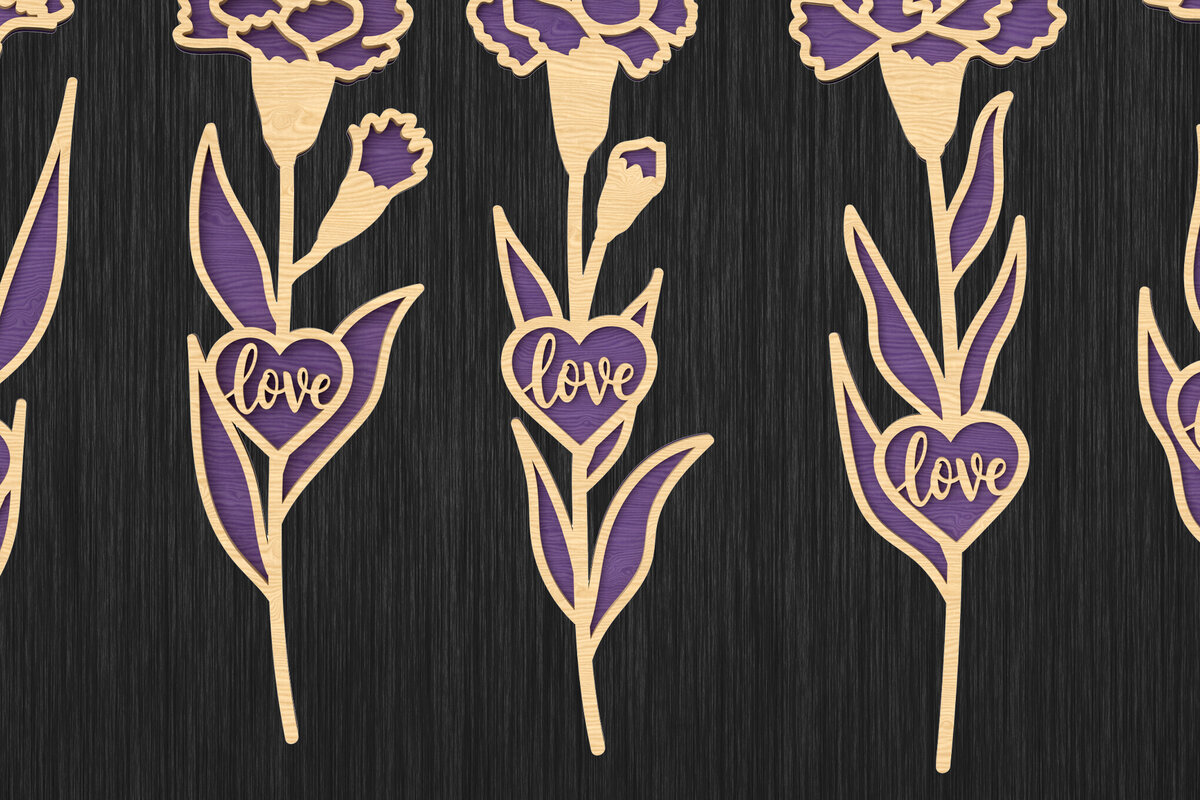 Σετ των 3 Intra απο ξύλο plywood 3mm-4mm πάχος Carnation with Love Heart Δίασταση 15x15 cm INTRAFABR-111376207