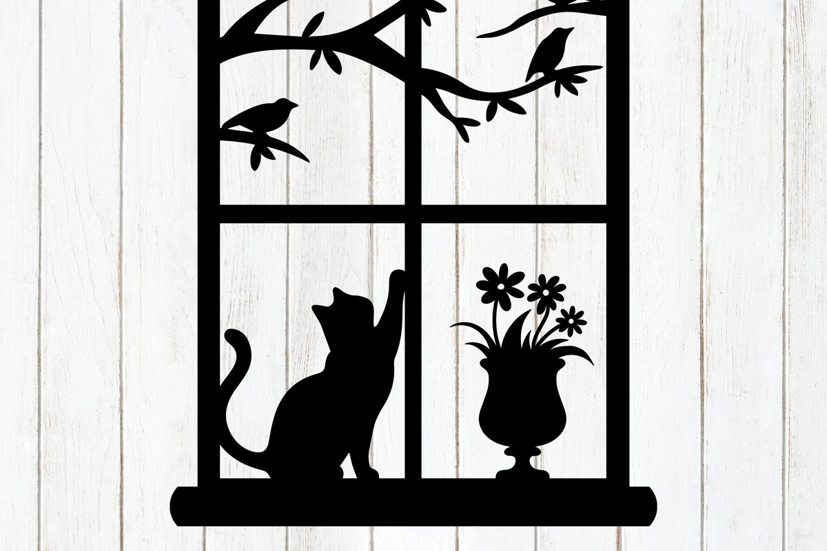Σετ των 3 Intra απο ξύλο plywood 3mm-4mm πάχος Σιλουέτα παραθύρου Cat & Birds Δίασταση 8x8 cm INTRAFABR-117771139