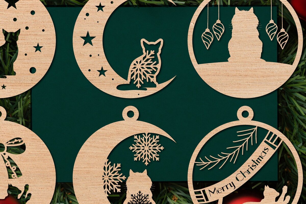 Σετ των 2 Intra απο ξύλο plywood 3mm-4mm πάχος Χριστουγεννιάτικο Στολίδι Γάτας Δίασταση 25x25 cm INTRAFABR-42716304