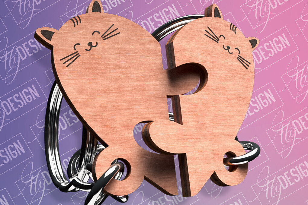 Σετ των 3 Intra απο ξύλο plywood 3mm-4mm πάχος Σχέδιο κοπής με λέιζερ Μπρελόκ Ζευγάρι Γάτας Δίασταση 6x6 cm INTRAFABR-82392025