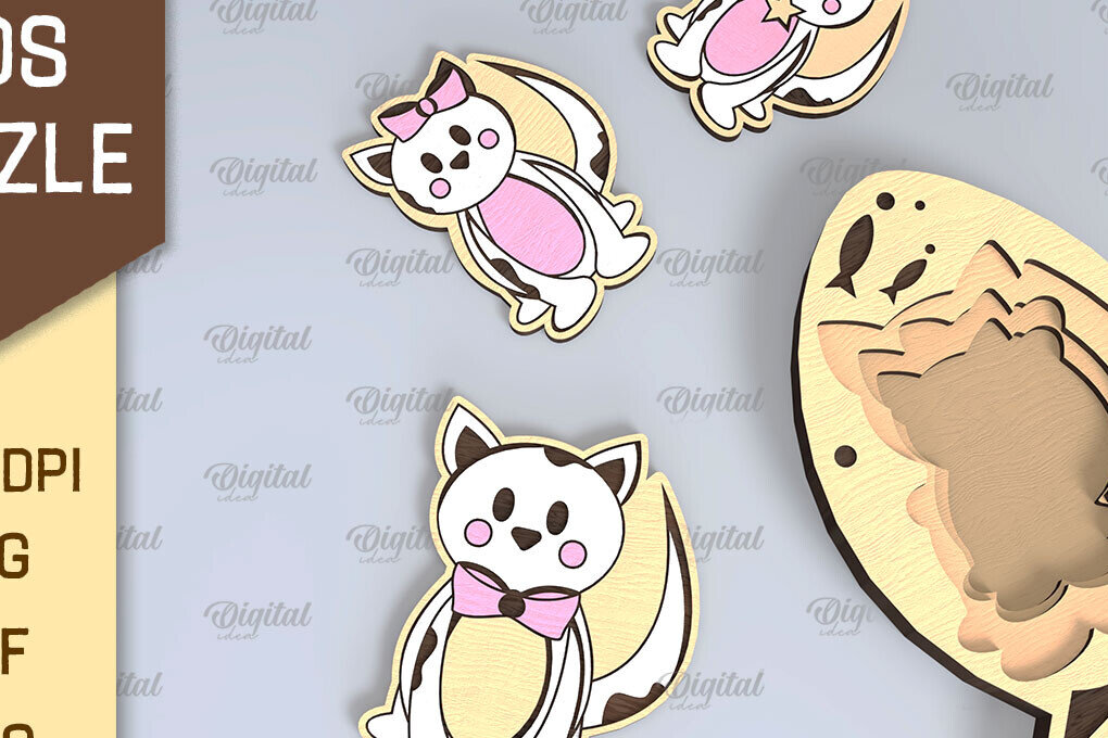 Intra απο ξύλο plywood 3mm-4mm πάχος Cat Family Puzzle Σχέδιο κοπής με λέιζερ Δίασταση 30x20 cm INTRAFABR-108371606