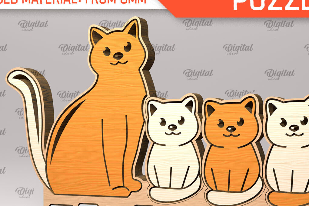 Σετ των 3 Intra απο ξύλο plywood 3mm-4mm πάχος Cat Family Puzzle Δίασταση 6x6 cm INTRAFABR-99619152