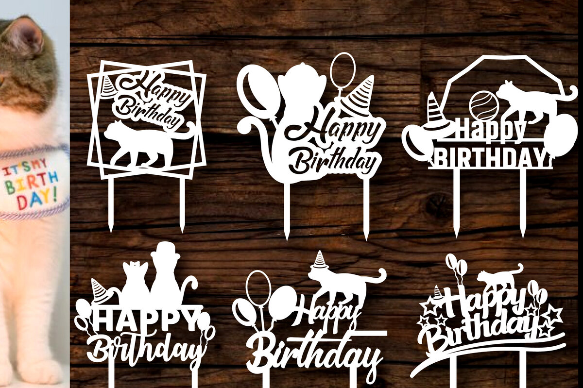 Σετ των 2 Intra απο ξύλο plywood 3mm-4mm πάχος Γάτα Χρόνια Πολλά Cake Topper Δίασταση 15x15 cm INTRAFABR-65746728