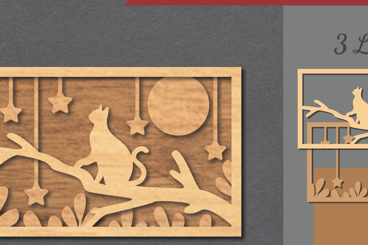 Σετ των 2 Intra απο ξύλο plywood 3mm-4mm πάχος Cat in the Tree Διακόσμηση σπιτιού με λέιζερ Δίασταση 15x15 cm INTRAFABR-112341491