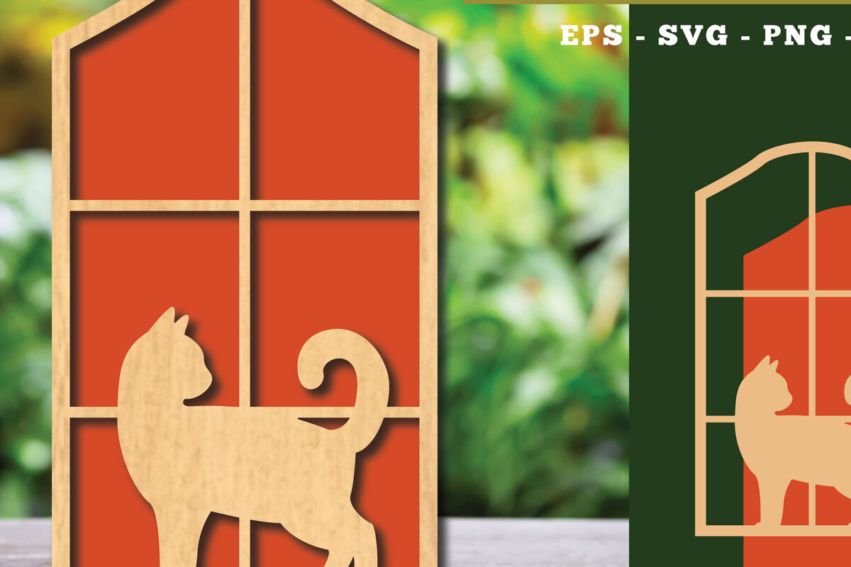 Σετ των 2 Intra απο ξύλο plywood 3mm-4mm πάχος Διακόσμηση κοπής με λέιζερ Cat in the Window 1 Δίασταση 15x15 cm INTRAFABR-113945761