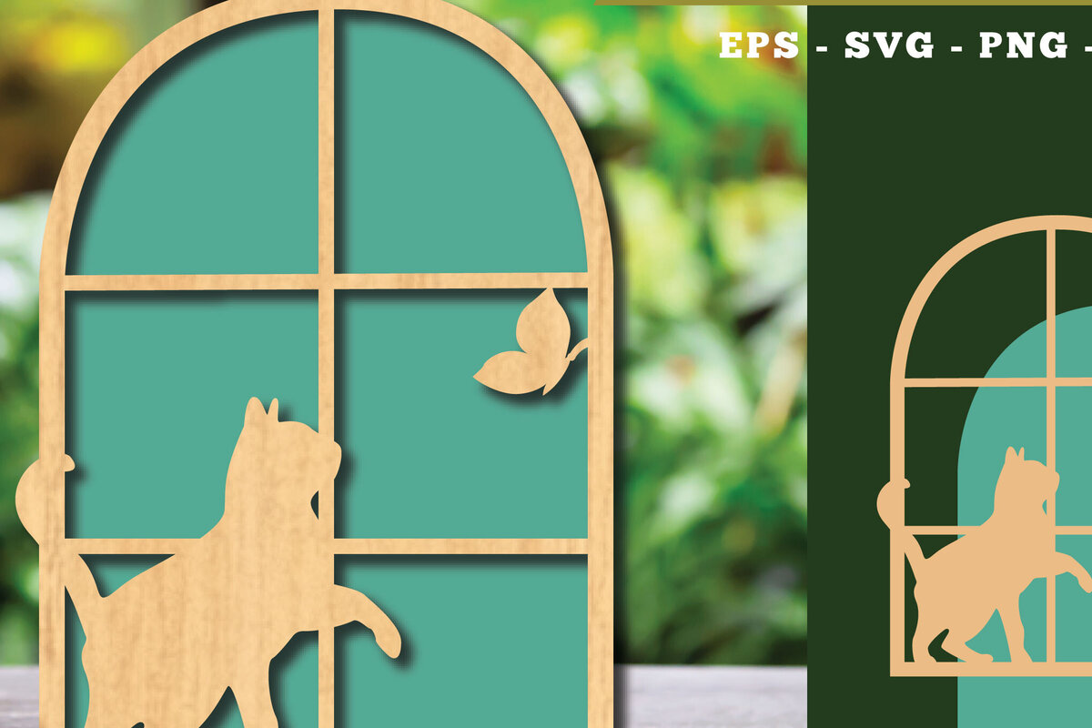 Σετ των 2 Intra απο ξύλο plywood 3mm-4mm πάχος Διακόσμηση κοπής με λέιζερ Cat in the Window 4 Δίασταση 15x15 cm INTRAFABR-113945954