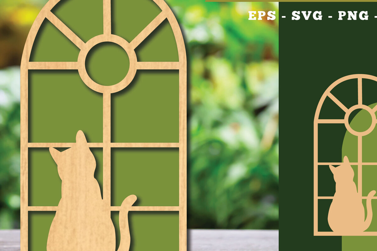 Σετ των 2 Intra απο ξύλο plywood 3mm-4mm πάχος Διακόσμηση κοπής με λέιζερ Cat in the Window 6 Δίασταση 15x15 cm INTRAFABR-113946031