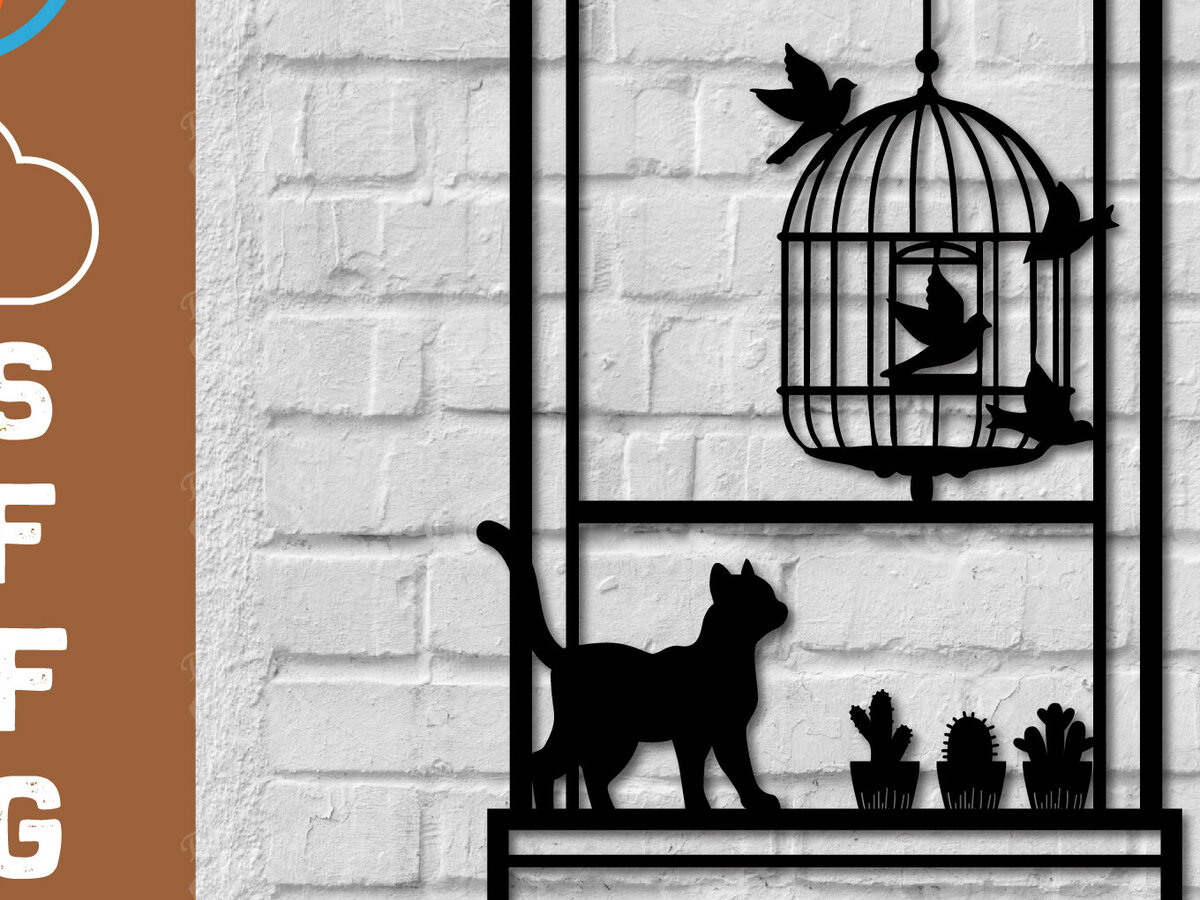 Intra απο ξύλο plywood 3mm-4mm πάχος Γάτα σε παράθυρο 3d τυπωμένη διακόσμηση τοίχου Δίασταση 40x40 cm INTRAFABR-112924248