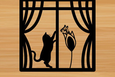 Intra απο ξύλο plywood 3mm-4mm πάχος κοπής με λέιζερ για διακόσμηση τοίχου γάτα σε παράθυρο Δίασταση 40x40 cm INTRAFABR-72337218